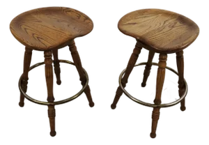 1970’s Solid Oak & Brass Tractor Swivel Counter Stools - A Pair