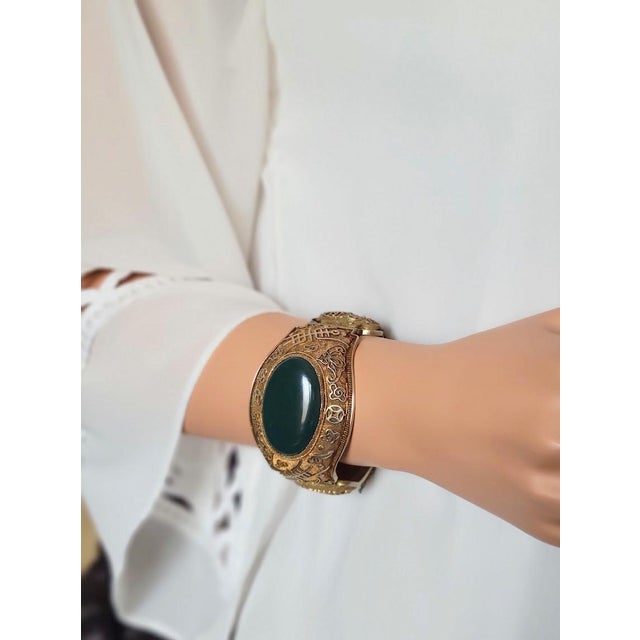 Vintage Chinese Export Filigree Gilded Silver Bracelet With Bloodstone Cabochon For Sale - Image 10 of 10