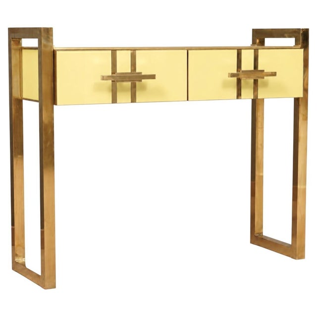 This handcrafted Italian console table in butter yellow Murano glass and brass is a luminous addition to contemporary...