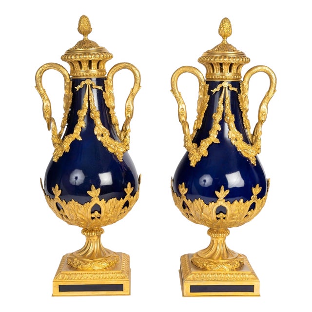Lidded Vases in Sèvres Blue Porcelain and Gilded Bronze, Set of 2 For Sale