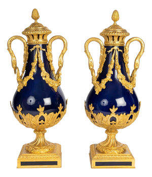 Lidded Vases in Sèvres Blue Porcelain and Gilded Bronze, Set of 2