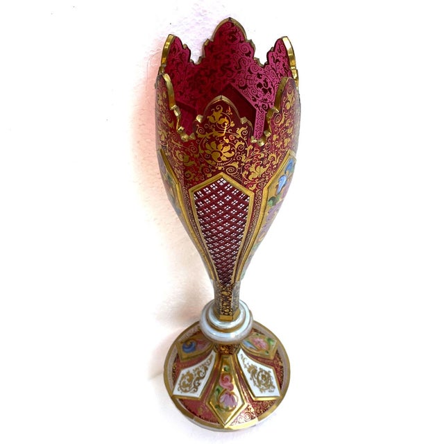 Bohemian Glass Ruby Red Gilt Enamelled Overlay Tulip-Form Vase For Sale - Image 4 of 8