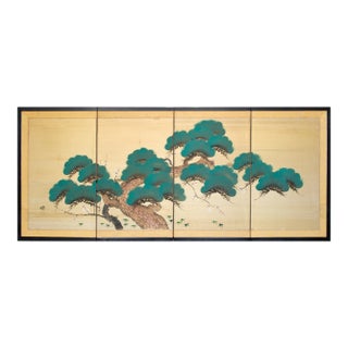 C. 1960s Showa Era Japanese Painted Silk Byobu Screen "Evergreen Pine Tree" For Sale