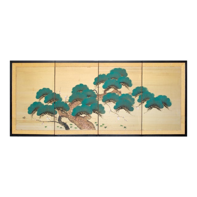 C. 1960s Showa Era Japanese Painted Silk Byobu Screen "Evergreen Pine Tree" For Sale