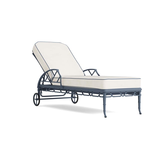 Brown Jordan Calcutta Adjustable Chaise Lounge in Sapphire with Sea Salt and Navy Welt Cushions For Sale