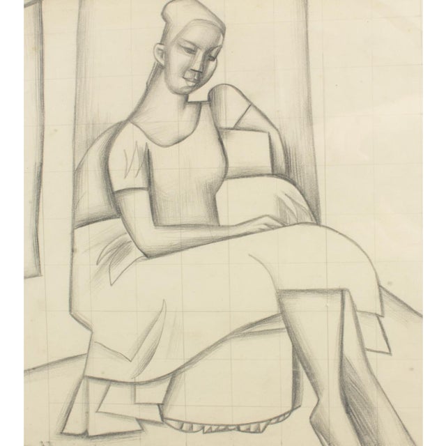 Paper Cubist Woman Study Black Pencil Drawing by Wouyart, Circa 1930 For Sale - Image 7 of 16