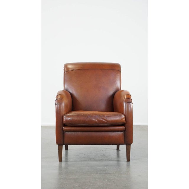 This luxurious cognac-colored sheep leather armchair with round shapes and a unique design. This fantastic sheep leather...