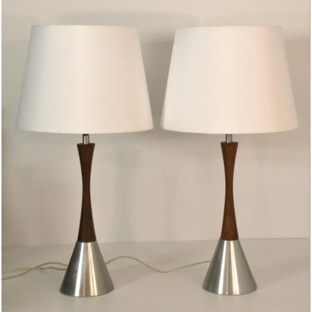 Pair rare teak and brushed aluminium table lamps model b-06 stamped to the base in the wood. Manufactured in denmark for...
