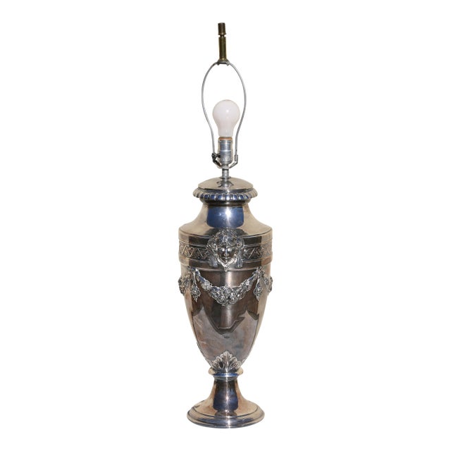 Vintage Neoclassical Silver-Plated Urn Table Lamp With Floral Garland For Sale