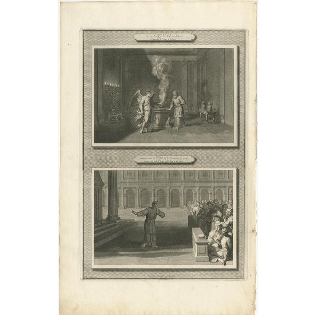 Angel appears to zechariah & zechariah struck mute, pieter mortier, ca. 1700 original antique engraving from *histoire du...