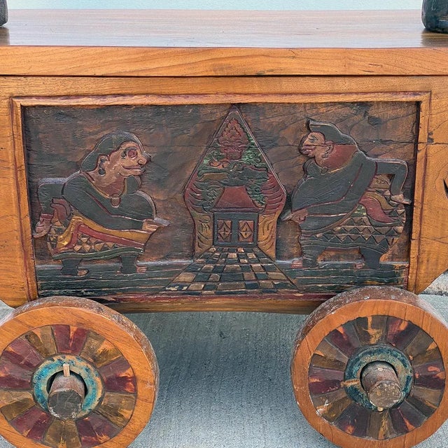 Indonesian Folk Art Painted Teak Figural Wheeled Cart Chairish
