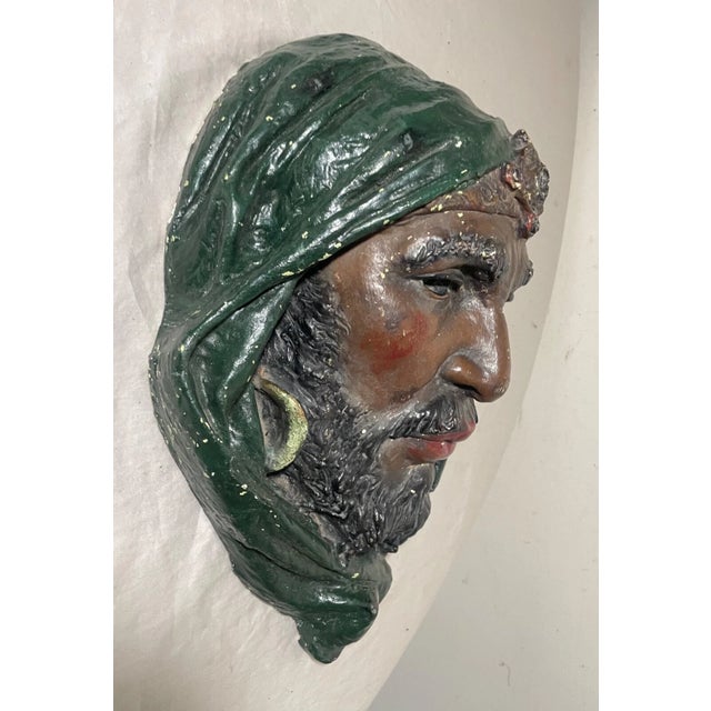 Up for sale is a wonderful antique hand painted plaster wall sculpture of an Arabian Man. It's beautifully painted with...