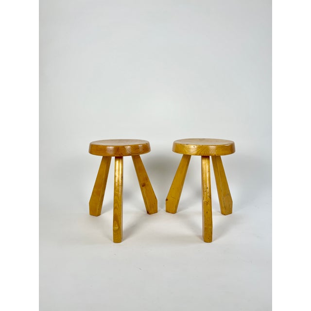 Set of Pine Sandoz Stools attributed to Charlotte Perriand for Les Arcs, France, 1960s For Sale - Image 5 of 18