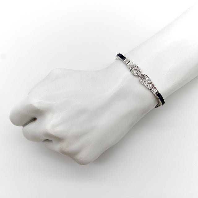 Metal 1990s 18k White Gold Diamond and Sapphire Art Deco Style Bracelet For Sale - Image 7 of 10