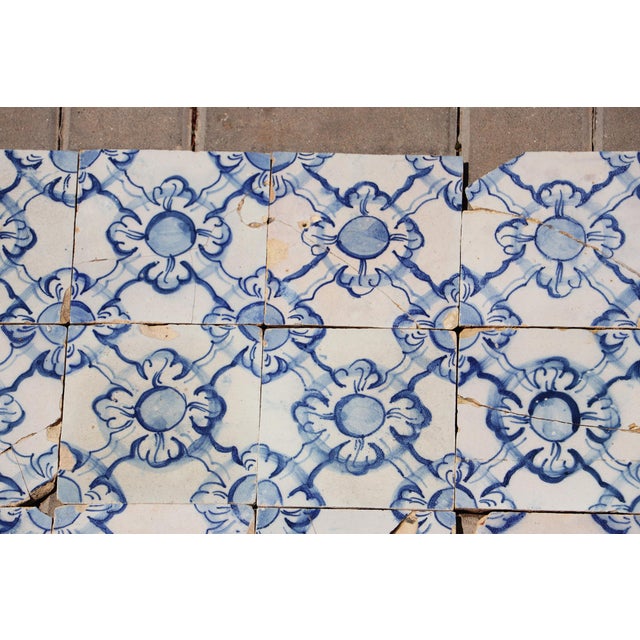 Antique 18th Century Portuguese Blue & White Tiles Set of 61 With Repeating Floral-Geometric Pattern For Sale - Image 16 of 18