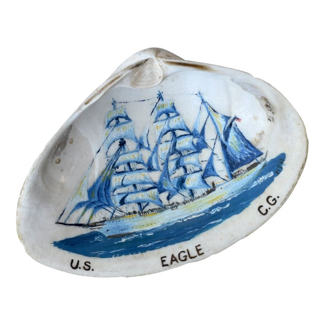 Vintage Folk Art Hand-Painted "Us Eagle c.g." Clam Shell, Circa 1950s For Sale