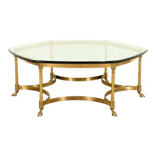 LaBarge Hollywood Regency Brass and Glass Hooved Feet Cocktail Table, Circa 1960s For Sale
