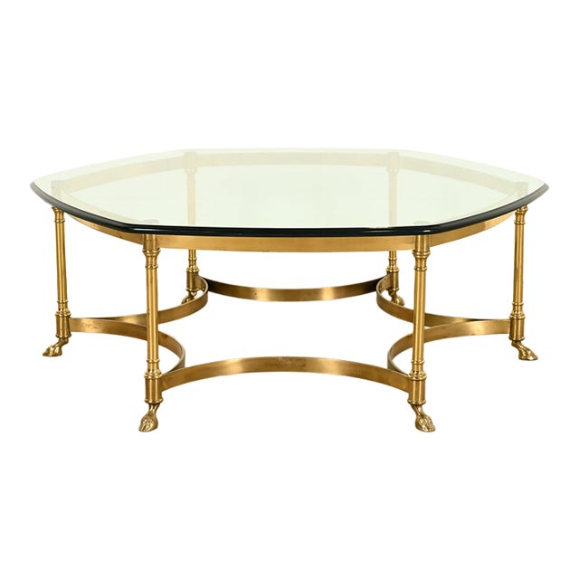 LaBarge Hollywood Regency Brass and Glass Hooved Feet Cocktail Table, Circa 1960s For Sale