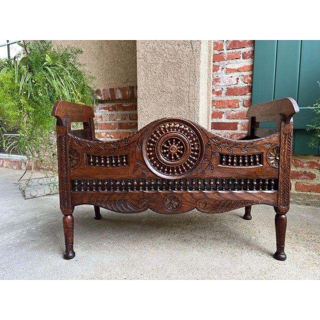 French Provincial Antique French Carved Planter Breton Brittany Oak Doll Bed Fireside Box C1890 For Sale - Image 3 of 18