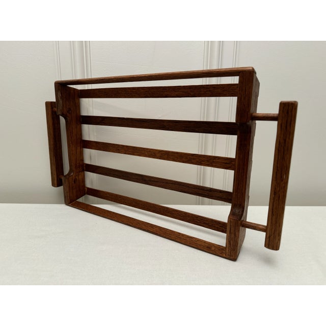 Mid Century Modern Open Slat Solid Oak Wood Double Handled Tray For Sale - Image 9 of 12