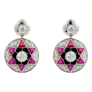 Vintage Diamond Ruby Onyx Platinum Earrings, A Pair For Sale