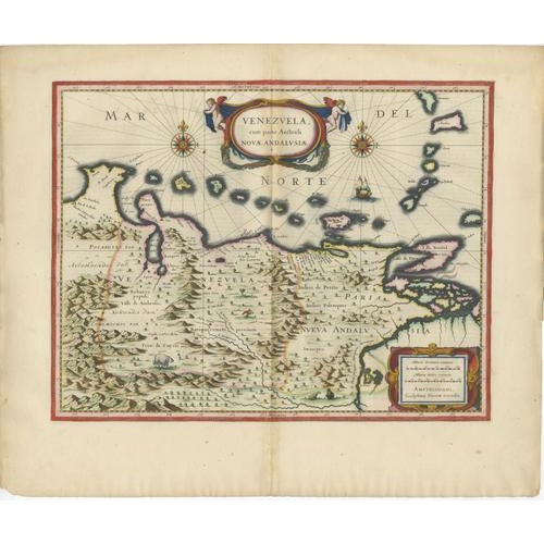 Venezuela Map with Caribbean & Nueva Andalusia from Blaeu, 1642 For Sale - Image 12 of 12