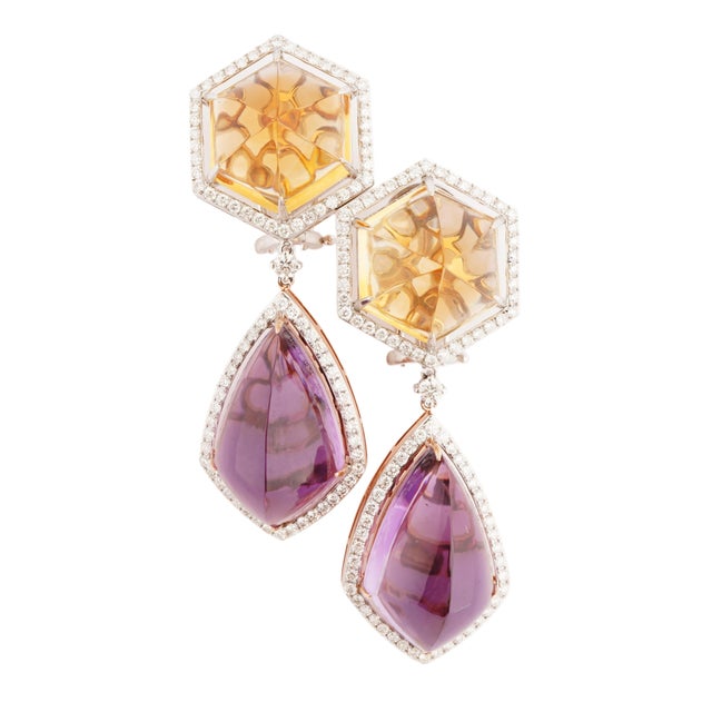 Contemporary Natural diamond 2.14cts &crystal 35.33cts&amethyst42.04cts earring in 18k gold For Sale - Image 3 of 6