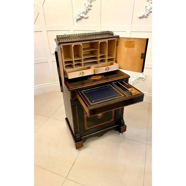 Antique Victorian Ebonised & Burr Walnut Inlaid Writing Desk For Sale - Image 4 of 18