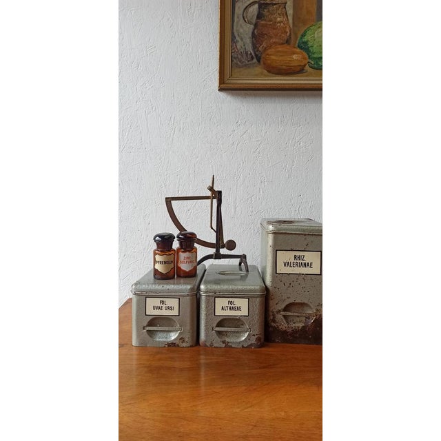 Vintage metal pharmacy containers from the 1950s. These containers will be a great form of decoration for rooms in a...