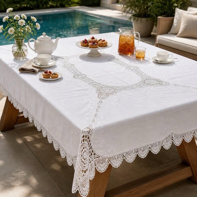 Textile Vintage Battenburg Lace Tablecloth & 12 Napkins Set, 100” X 63”, Formal Dining | Holiday Table For Sale - Image 7 of 12
