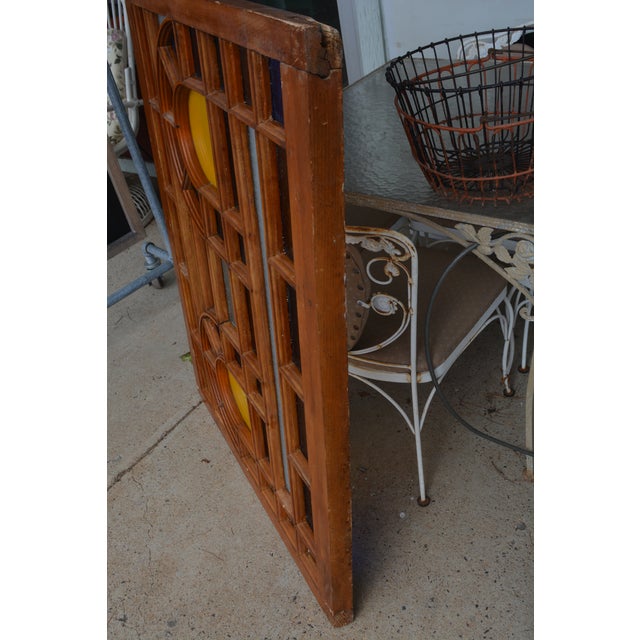 Art / Stained Glass & Wood Window Panel / Color W/ Yellow & Blue Arches in Center For Sale - Image 17 of 17