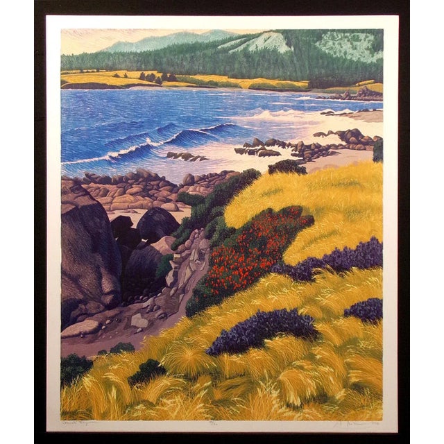 Gordon Mortensen "Carmel Bay" Signed Numbered Art Woodcut Print of a Beach, 1989 For Sale