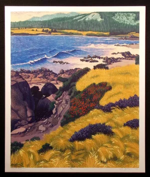 Gordon Mortensen "Carmel Bay" Signed Numbered Art Woodcut Print of a Beach, 1989