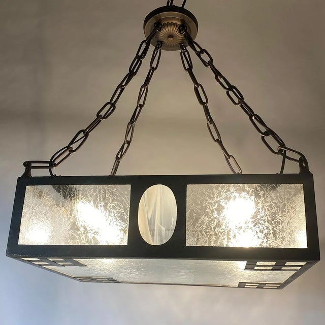Swedish Iron, Bronze and Crackle Glass Four-Light Pendant Light For Sale - Image 10 of 11