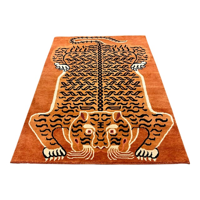 2020s Indian Hand Knotted Wool Rug With Chinese Tiger Motif For Sale