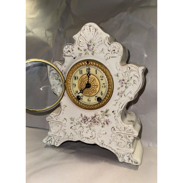 Late 19th Century Antique Porcelain Mantel Clock by the Waterbury Clock Co. For Sale - Image 5 of 11