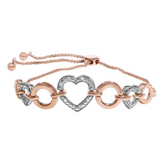 10K Rose Gold over .925 Sterling Silver 1/10 Cttw Round-Cut Diamond Heart Link Adjustable Bolo Bracelet (H-I Color, I2-I3 Clarity) - 6"-9" Adjustable For Sale