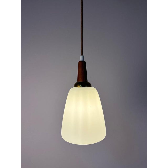 Opal Glass Pendant Lamp with Teak and Brass Cable, Denmark For Sale - Image 3 of 11