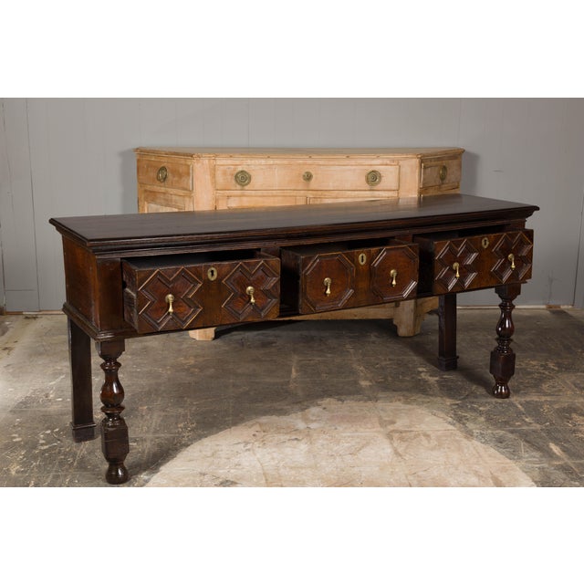 English 19th Century Oak Sideboard with Geometric Front and Three Drawers For Sale - Image 4 of 12