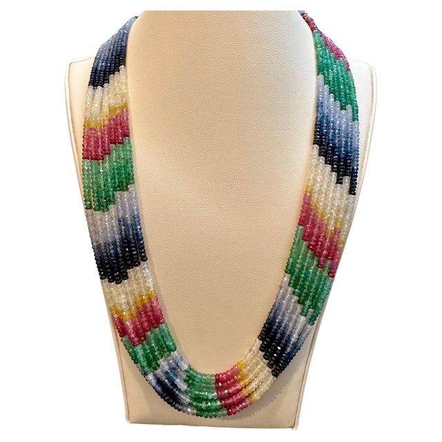 454 Carat 7 Layer Natural Emerald Ruby & Sapphire Bead Necklace Adjustable For Sale - Image 15 of 18