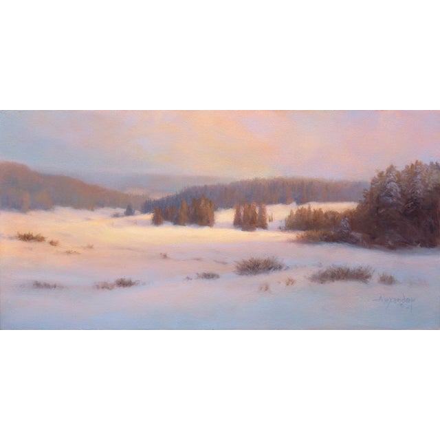 This oil painting on birch wood panel captures a serene winter landscape as twilight descends. Soft hues of pink and...