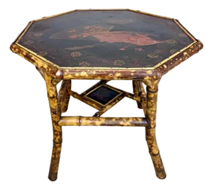 Late 19th Century English Chinoiserie Scorched Bamboo Hand Painted Octagonal Side / Occasional Table