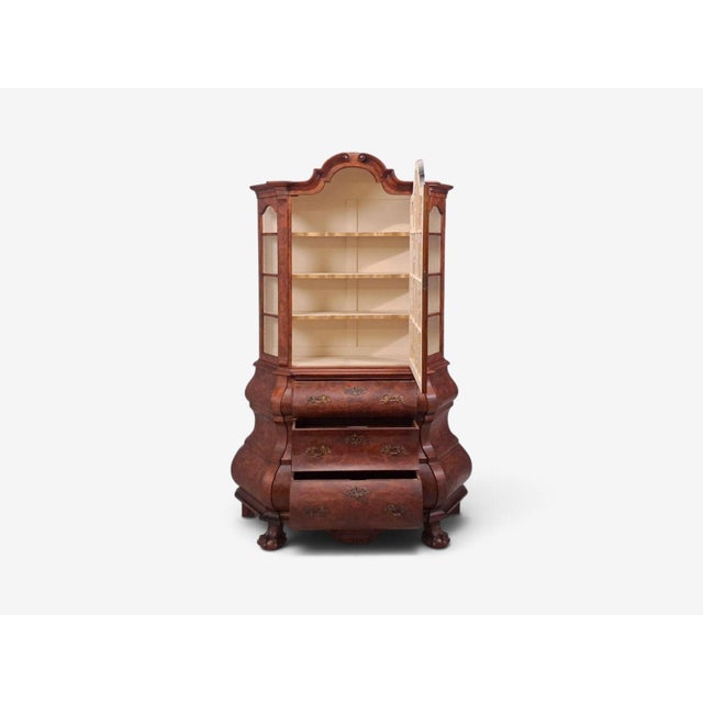 Wood Dutch Baroque Style, Large Bombe Bookcase, Burr Walnut, Glass, England, 1940s For Sale - Image 7 of 15