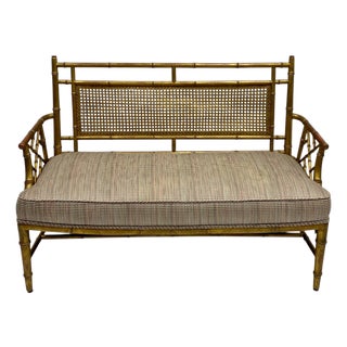 Mid-Century Regency Style Carved Giltwood Faux Bamboo Caned Settee or Bench For Sale