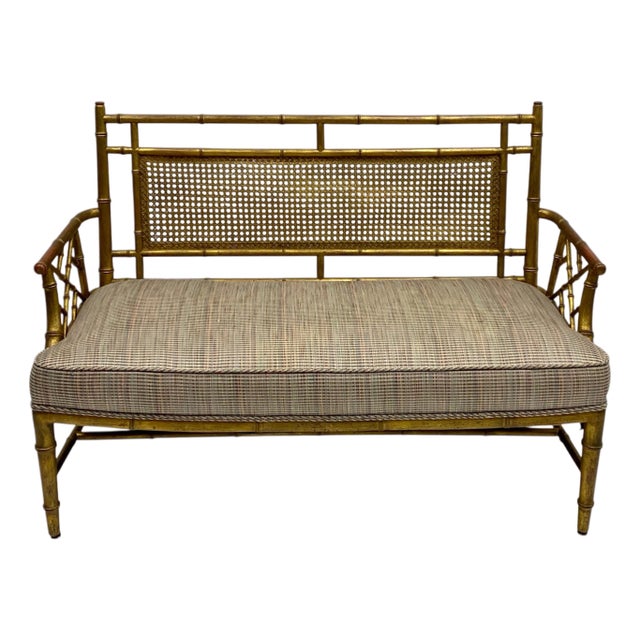 Mid-Century Regency Style Carved Giltwood Faux Bamboo Caned Settee or Bench For Sale