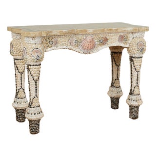 Vintage Marble Top Seashell Encrusted Console Table For Sale