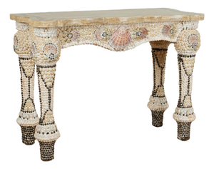 Vintage Marble Top Seashell Encrusted Console Table