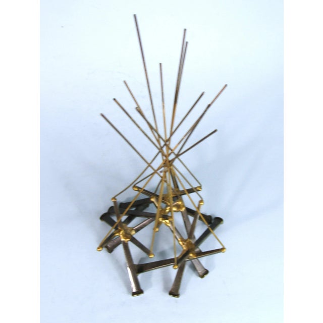 Gold Vintage Ron Schmidt Mid-Century Modern Brutalist Metal Nail Art Sculpture "Camp Fire" 1960's Tabletop Abstract Art For Sale - Image 8 of 10