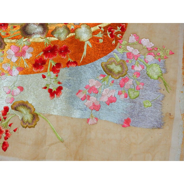 Late 19th Century Distressed Silk Embroidered Floral Still Life on Cotton For Sale - Image 4 of 10