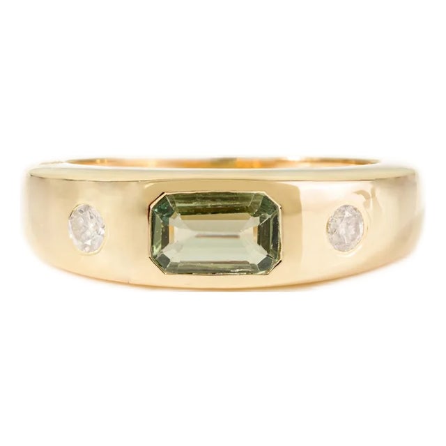 Emerald Cut Green Sapphire & Diamond Three Stone Ring Size 6.5 For Sale